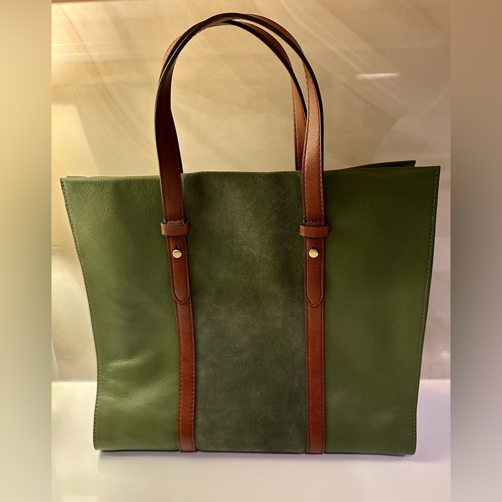 Fossil Leather Suede Green Tote Handbag Green Brown Handles Work Travel Safari - Picture 2 of 16